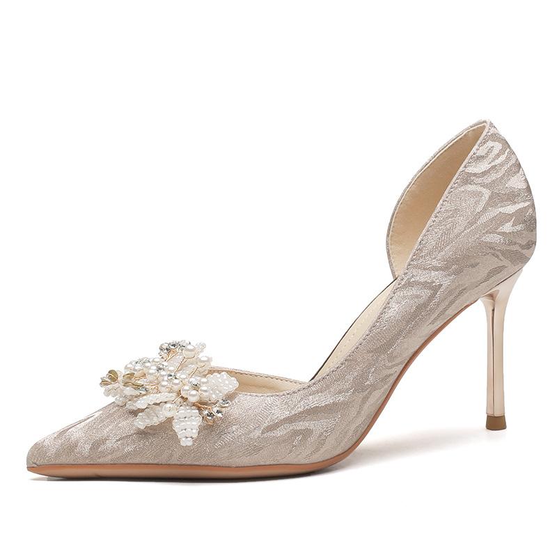 8335-2 Женские туфли на высоком каблуке стилет зима 2025 новые французский кристалл свадебные туфли с острым носком с открытыми боками свадебные туфли