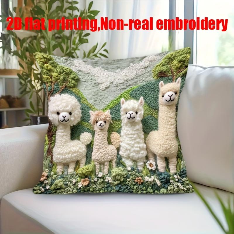 Cute Alpaca Family Pillow Cover 2D Faux Embroidery Print Cushion Case Kids Nursery Home Decor Gift