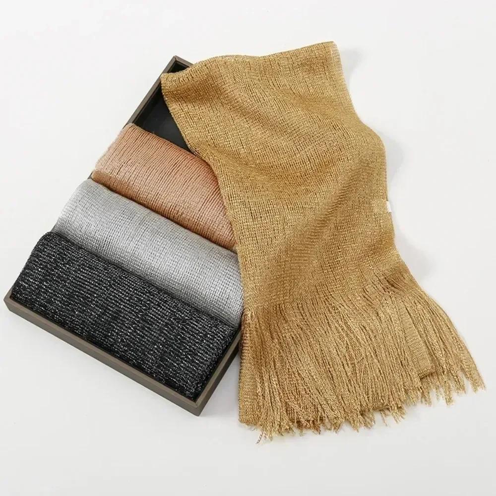 160*50cm Fashion Bright Silk Sunscreen Shawl Hijab Gold Silver Shiny Scarves For Women Lace Tassel Party Evening Dress Scarf