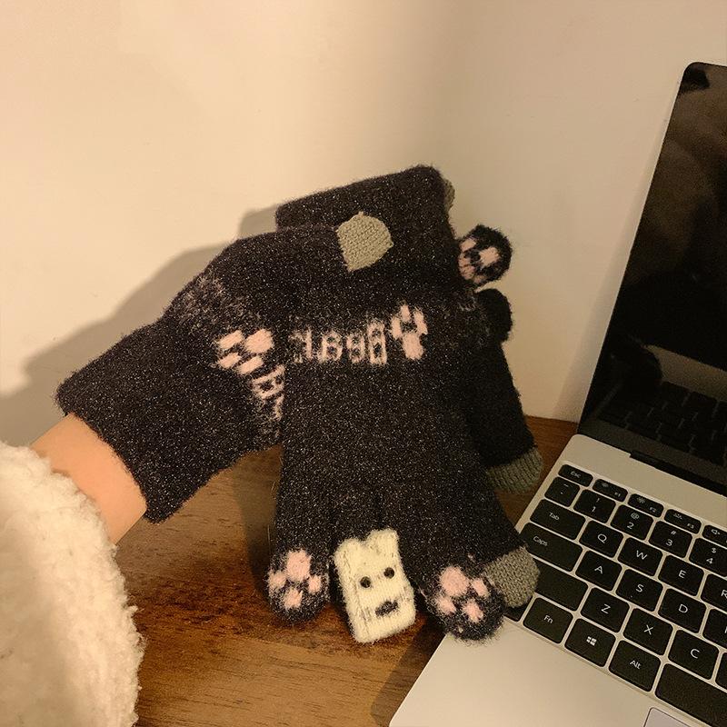 Милые перчатки с сенсорным экраном на пять пальцев для женщин на зиму Теплые и бархатные утолщенные Студенческие велосипедные Зимний новый стиль Холодо- и ветрозащитные