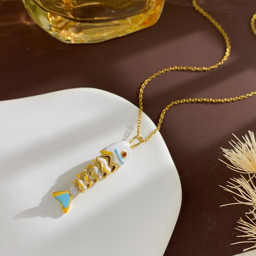 Ожерелье Подвижная Рыба Ожерелье Эмаль Национальный Стиль Продвинутое Чувство Не Выцветает Цепочка на Ключицу