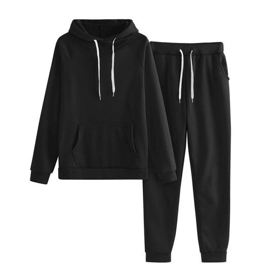 2 Pcs/Set Women Hoodie Pants Suit Solid Color Plush Long Sleeves Thick Top Elastic Waist Ankle-banded Trousers Sport Fitness