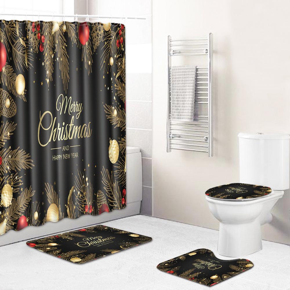 3D Printed Christmas Waterproof Shower Curtain Toilet Four-Piece Combination Set Household Doormat Floor Mat Carpet