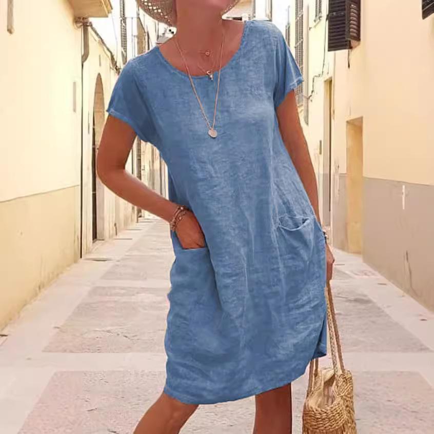 Summer Loose Solid Color Pocket Short Sleeve Crew Neck Dress for Women