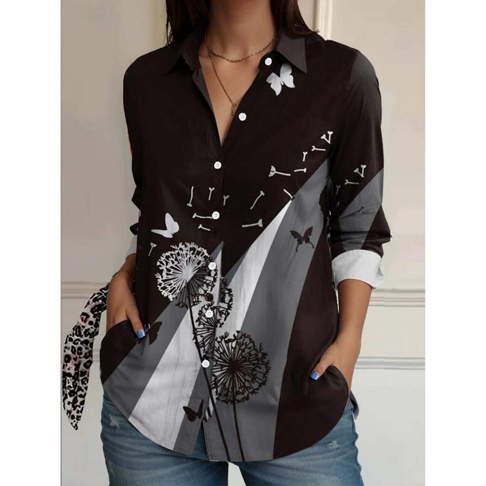 Модная женская повседневная блузка с 3D цветочным принтом, блузка с лацканами, женские рубашки с длинным рукавом, повседневная женская одежда, женская одежда