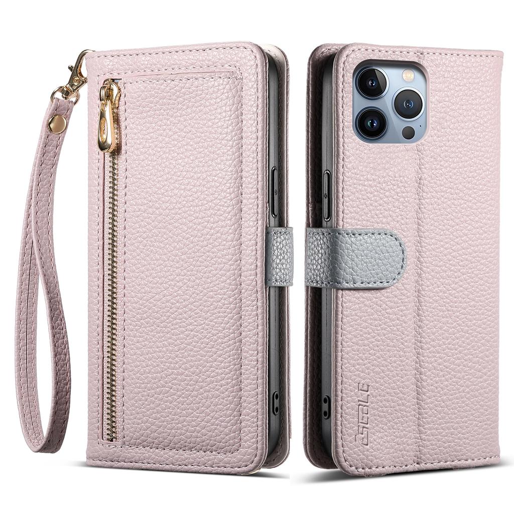 ESEBLE E11 For iPhone 15 Pro Max Case Zipper Pocket Litchi Texture Leather Phone Cover with Mirror and Wrist Strap