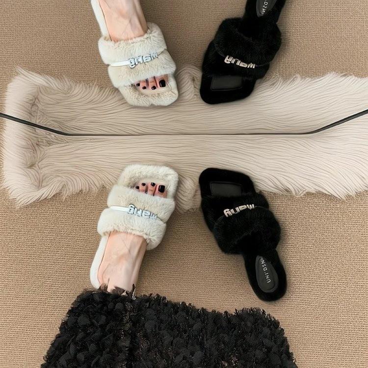 Mao Mao Slippers Women's Autumn New Outer Wear 2025 New French Temperament Rhinestone Mao Mao Shoes Thick Heel High Heels