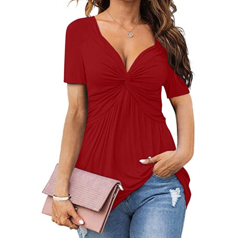 Women's V-neck Front Twisted Shirt Short Sleeved Elegant Casual T-shirt Solid Color Pullover Top Shirt