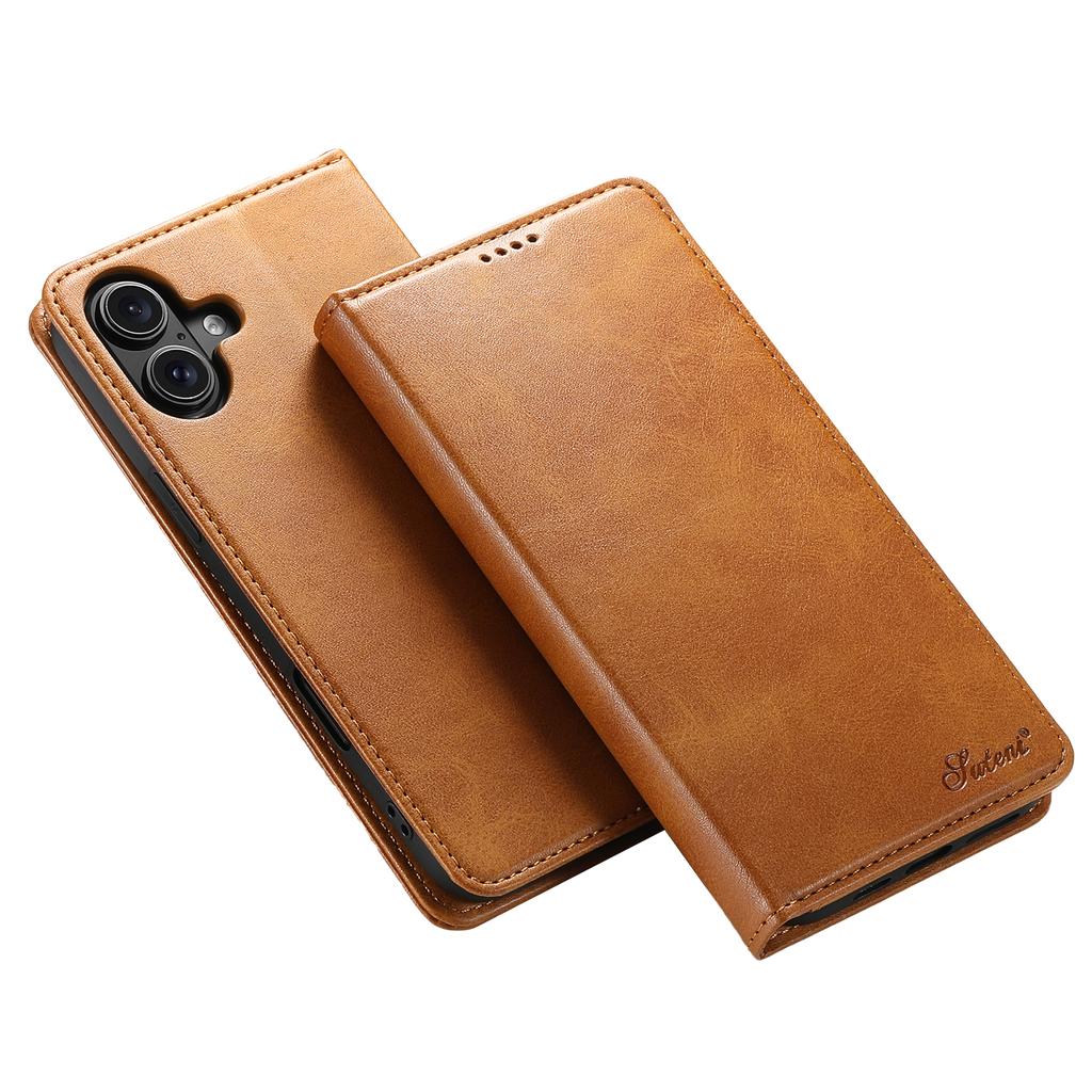 SUTENI For iPhone 16 Case PU Leather Wallet Stand Magnetic Closing Phone Cover - Brown