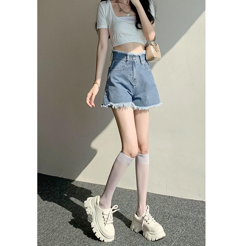 Women's Summer High-Waisted Wide-Leg Frayed Denim Shorts - Trendy Petite A-Line Hot Pants