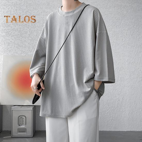 Men's Round Neck T-shirt Three-Quarter Length Sleeves Solid Color T-shirt Casual Style Loose Fit Tee Shirt for Street Travel Vacation