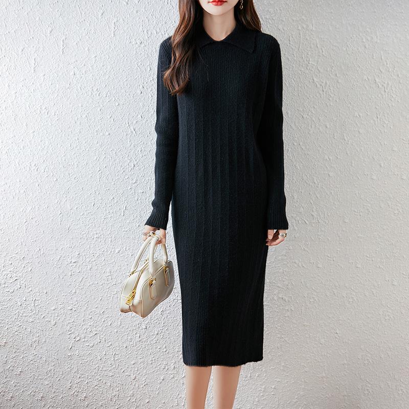Women Sweater Dress 100% Wool TIDENOVEL Turn-down Collar Knit Long Pullover Winter Jumpers Wool Long Dress Female