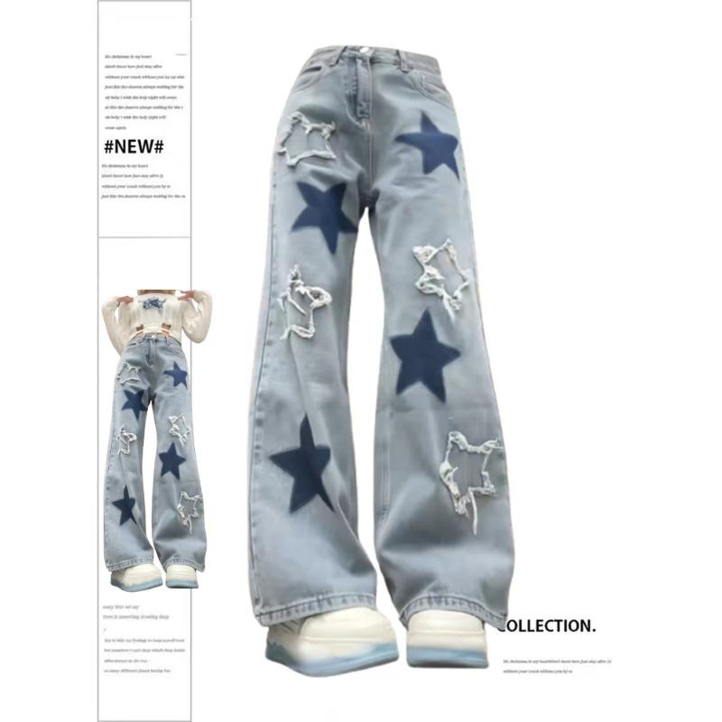 Women's Baggy Blue Star Jeans Vintage Y2k 90s Aesthetic Denim Trousers Harajuku High Waist Wide Cowboy Pants 2000s Clothes 2024