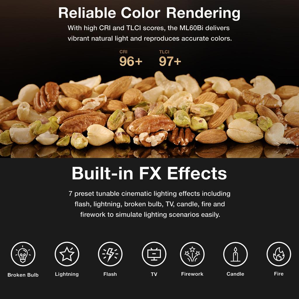 Godox ML60Bi Светодиодный студийный светильник для фотосъемки, 60 Вт, двухцветный, температура 2800-6500K, CRI96 TLCI97