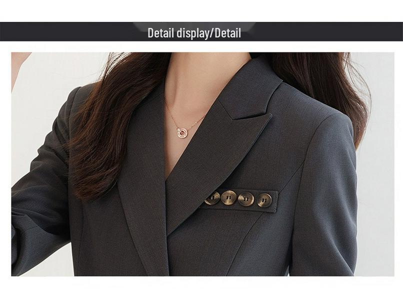 Женское двубортное серое платье-костюм - Миди, Высококлассная профессиональная рабочая одежда для весны и осени