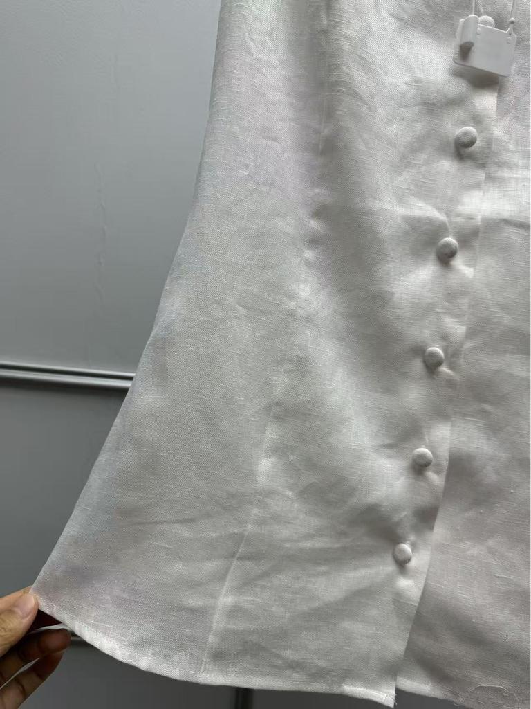 Французская минималистичная льняная рубашка с коротким рукавом и элегантным воротником-куклой