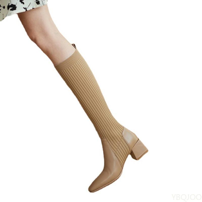 Ботильоны-носки эластичные ретро женские осенне-зимние на толстом каблуке средней высоты вязаные простые удобные с темпераментом женские длинные сапоги