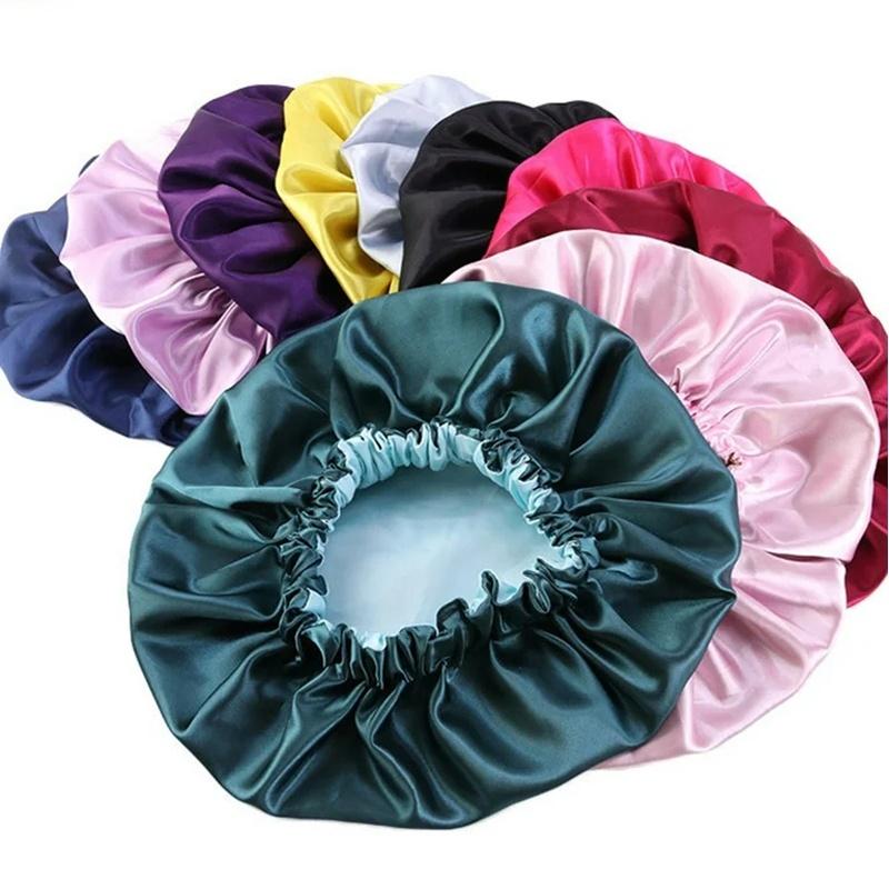Cap Adjustable Silk Satin Bonnet Women Silk Night Sleep Hats Double Layer Head Cover Custom Shower Cap Custom Sleeping