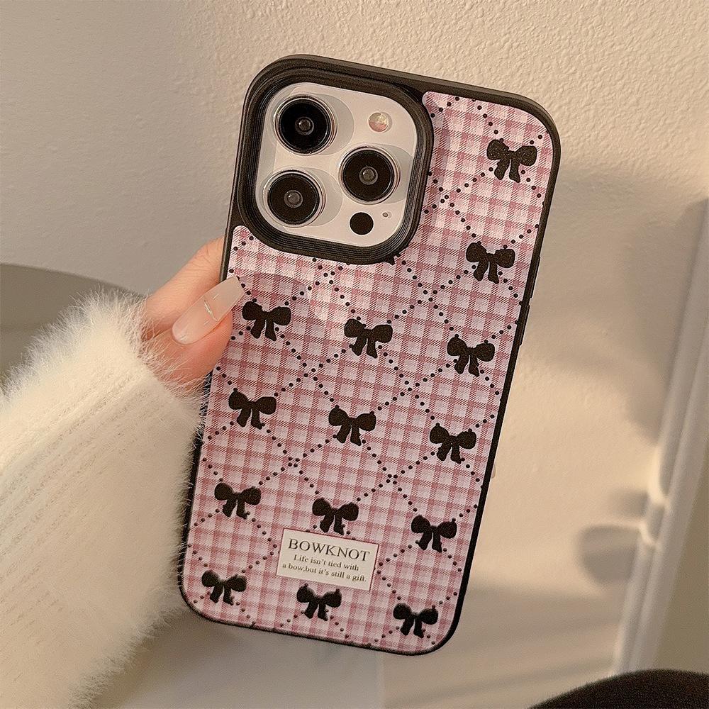 Korean-style bowknot plaid phone case for iPhone 16, 17 Pro Max, sweet 11, suitable for iPhone 15, leather 13, winter