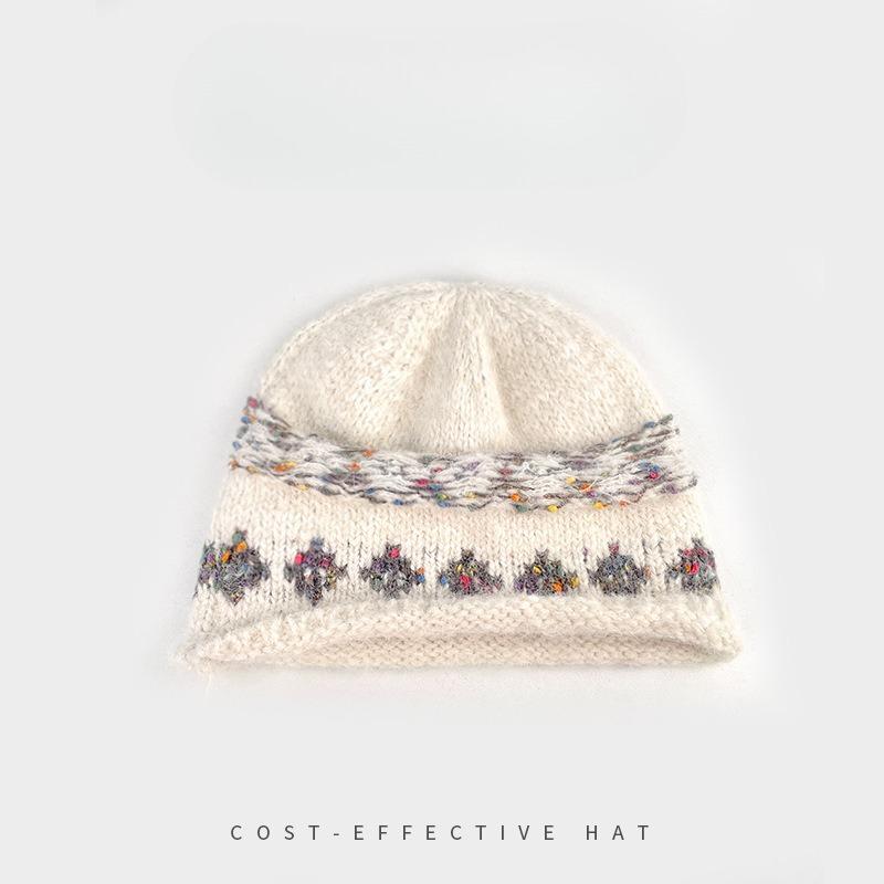 Корейская ретро жаккардовая вязаная шапка в стиле Fair Isle для женщин, зимняя теплая повязка на голову для защиты ушей, холодная шапка, подчеркивающая лицо, маленькая шерстяная шапка