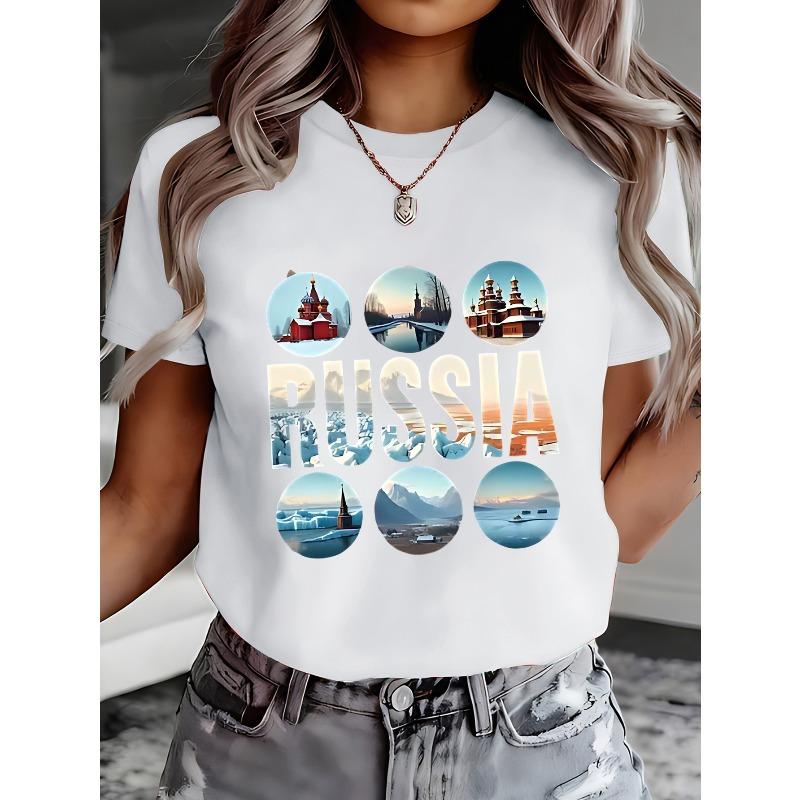 Women's Russian Letter Iceberg Landscape Print T-Shirt Colorful Round Pattern Casual Short Sleeve Summer Top