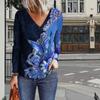 Blue Butterfly Print Women Tshirts Ladies Tops Long Sleeve V-neck Pullover Femme T-shirts T Shirt For Women