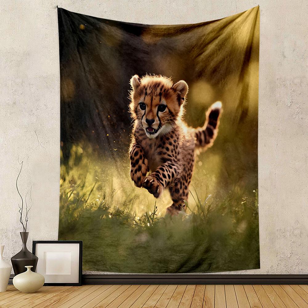 Playful Cheetah Cub in Sunlit Field Patterned Tapestry Decorative Wall Hanging, Home Bedroom Living Room Decor