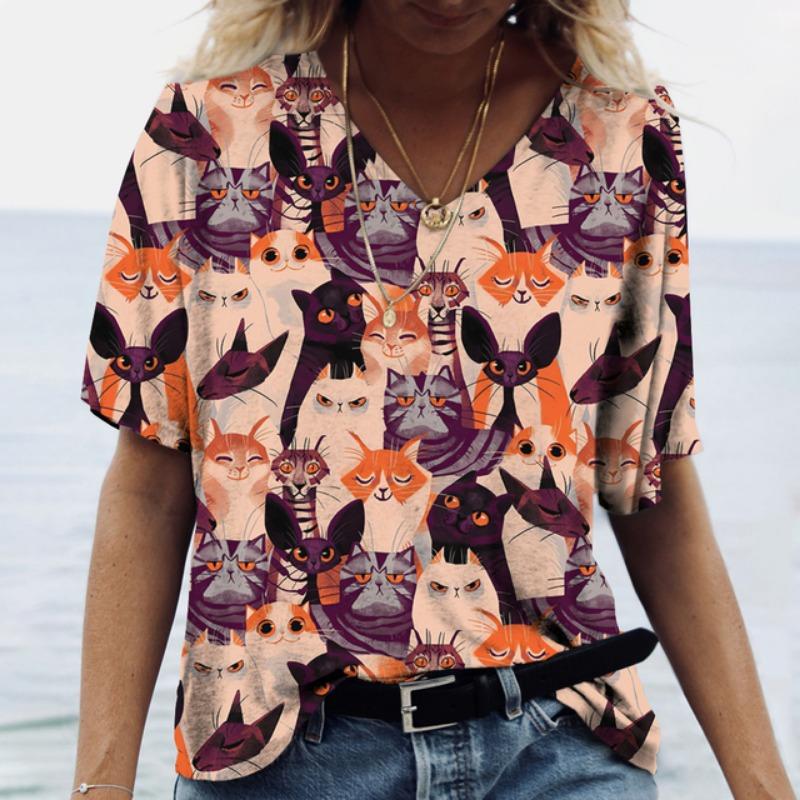 Женская футболка с забавным принтом кота Женская футболка Футболка свободного покроя Топ Летняя НОВАЯ повседневная женская одежда Дизайнерские топы с V-образным вырезом Футболки