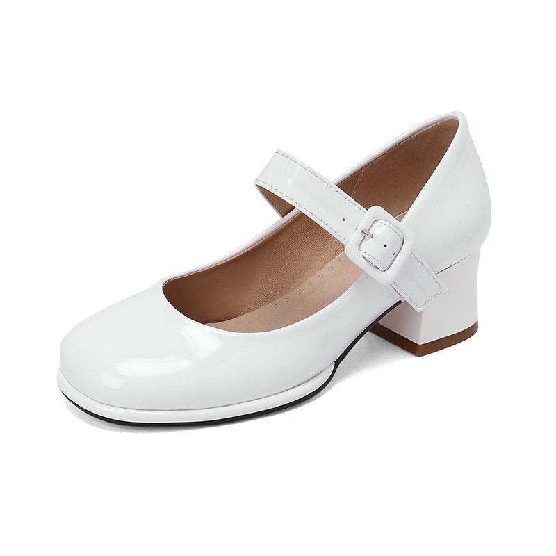 Patent PU Leather Orange Red Closed Toe Women Pumps Big Size 47 48 Mature Lady Office Shoes Buckle Strap Mary Jane Chunky Heels Big Plus Size 48