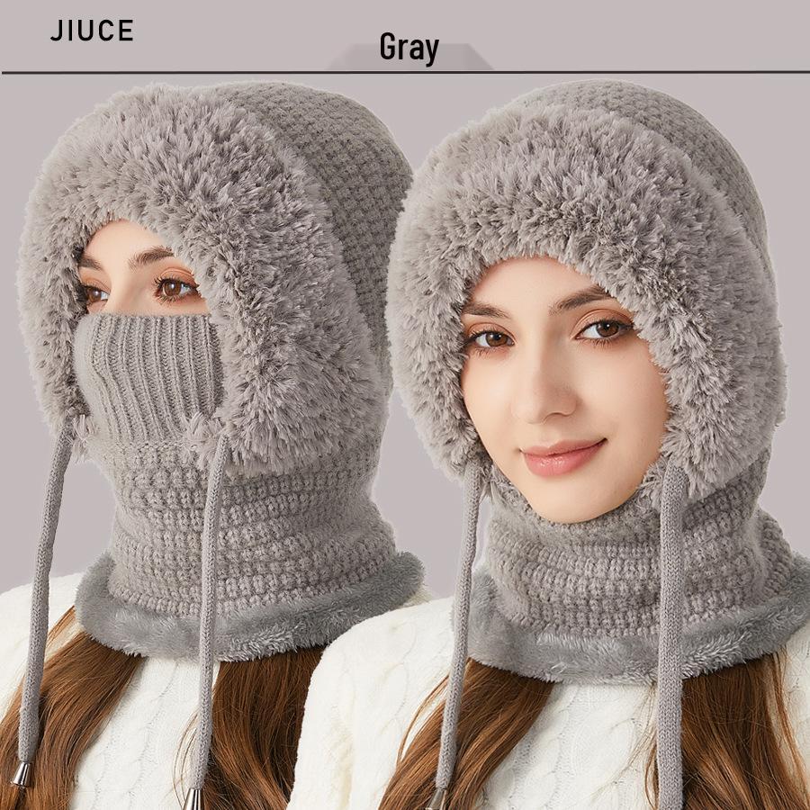 Женская зимняя вязаная шапка с маской для лица и шарфом - Плюшевая, Толстая, Теплая