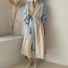 Women's Korean Chic Retro Trench Coat with French Lapel, Color-Contrast Stitching, and Lace Waist Trim.