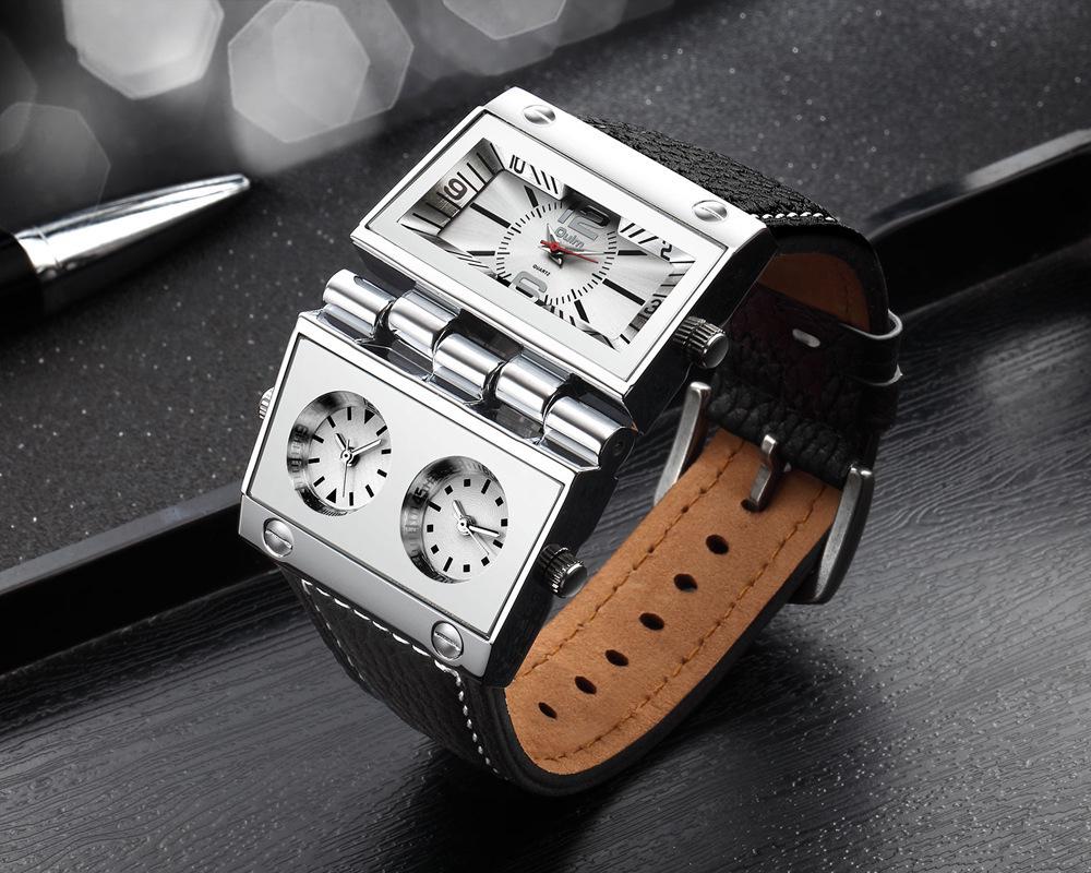 Мужские кварцевые часы Oulm с большим циферблатом и несколькими часовыми поясами, прямоугольные