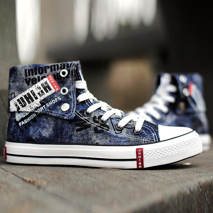 Мужские высокие кеды из парусины черного/синего денима — складной верх, модная, дышащая повседневная обувь для весны и лета