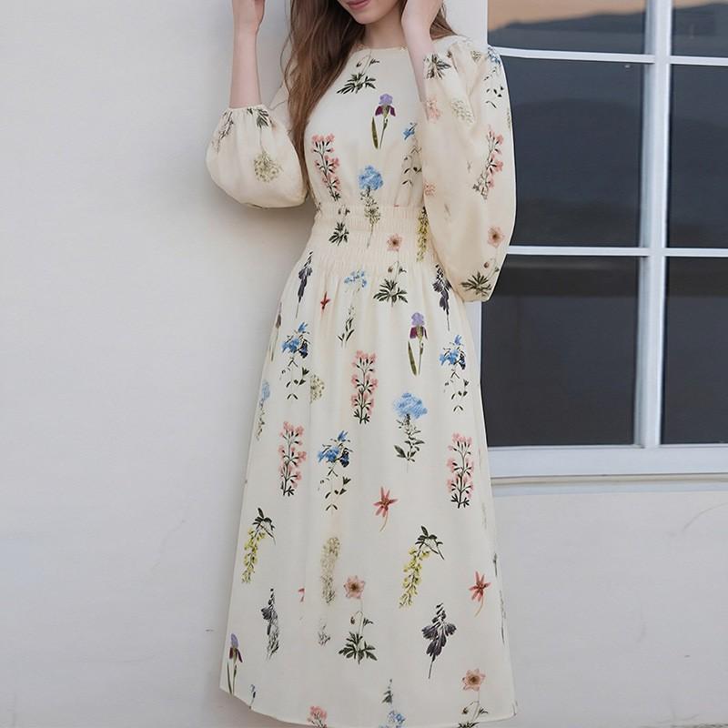 2026 New Women's Clothing Cross-border Retro Court V-neck Long-sleeved Printed Large Dress