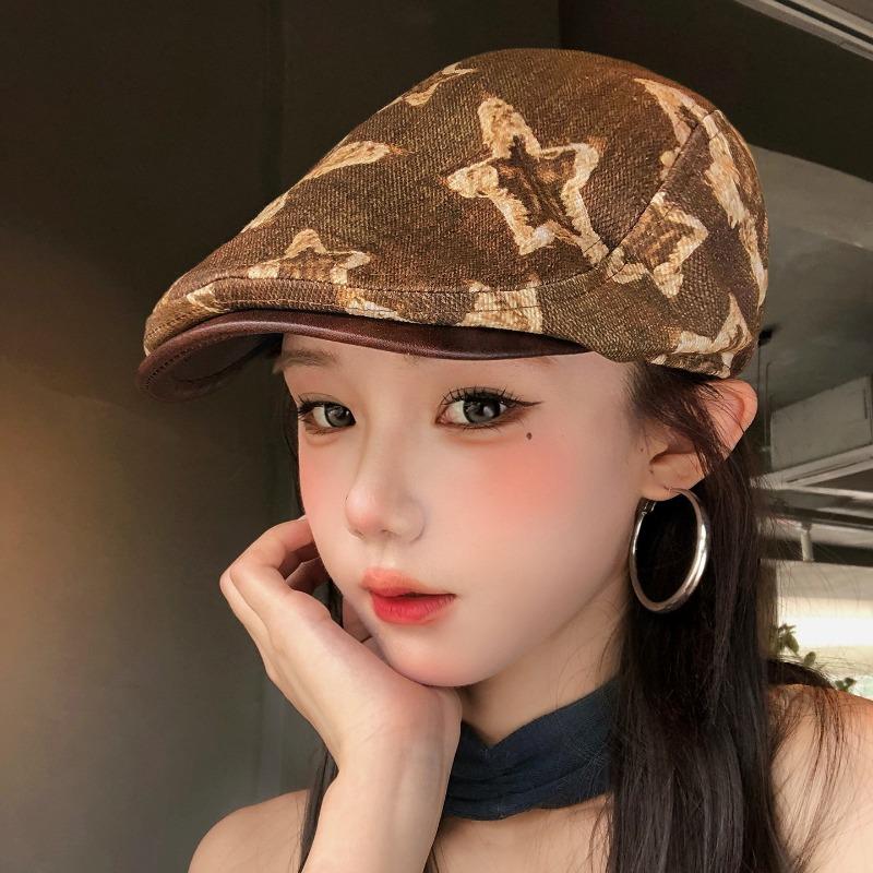 Women S Vintage Star Print Flat Top Cap Korean Style Fashionable Hat