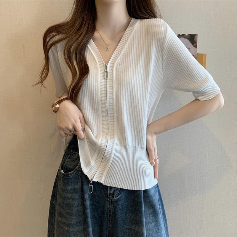 2026 New V-neck Casual Long-sleeve Loose Slimming Flattering Versatile Solid Color Zipper Women's Top