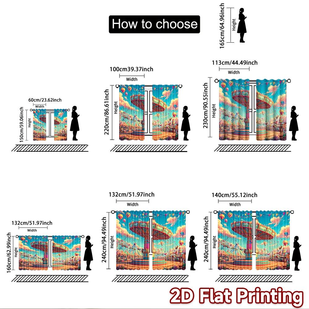 2D flat printing 2pcs Window Curtains Carnival Swing Ride Fun Digital Printed Polyester Drapes All Season Party & Holiday Decor