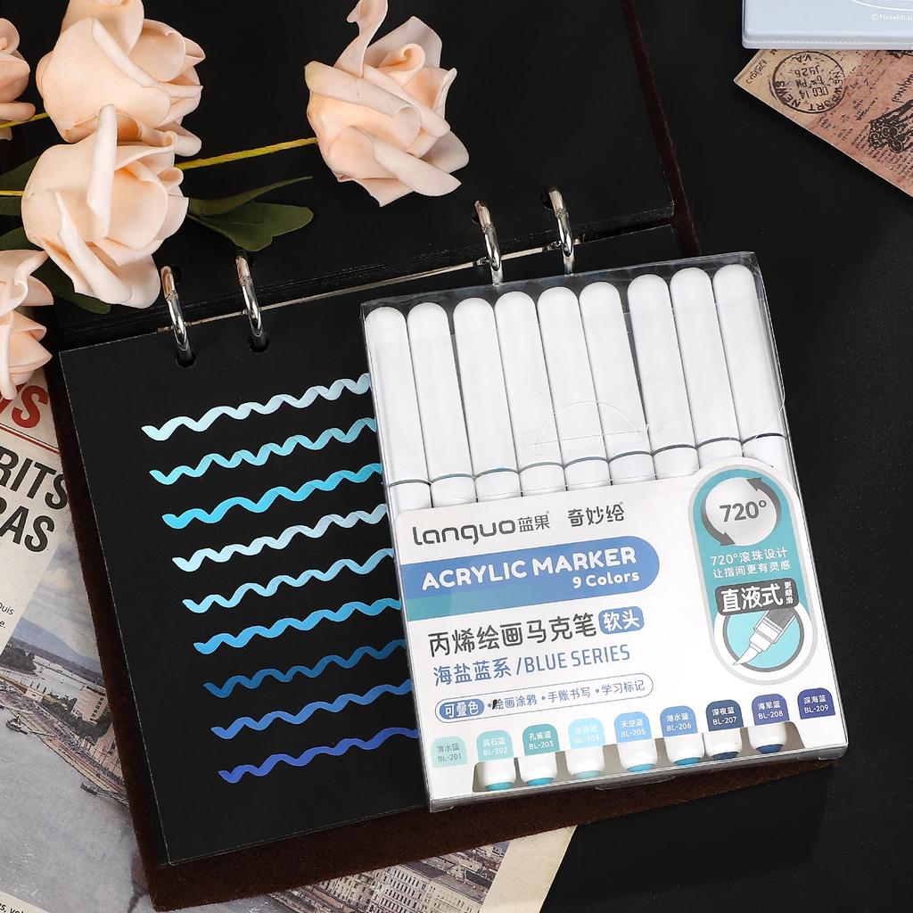 JIANWU 9 Pcs/set Large-capacity Straight Liquid Soft-head Painting Marker Pen Creative DIY Journal Student Supplies Stationery