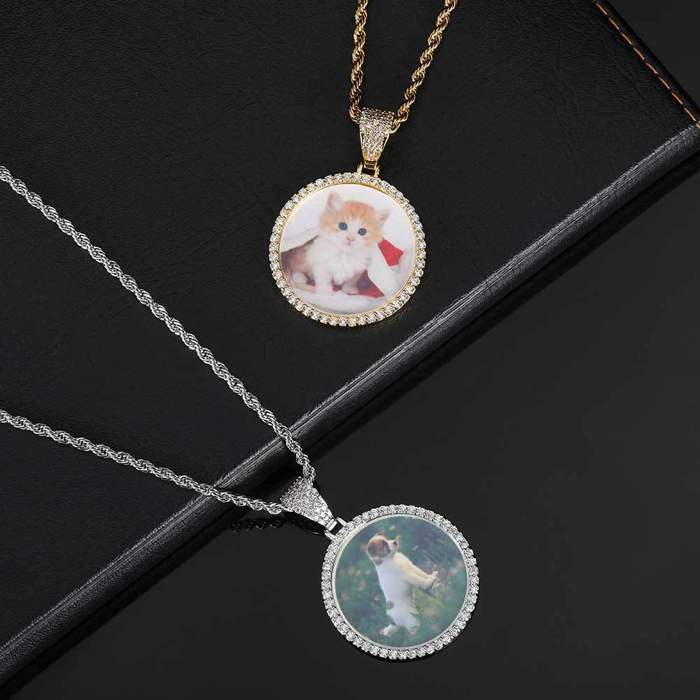 Hip-Hop Small Round Photo Pendant Trendy Brand DIY Creative Photo Frame Zircon Pendant Men's Necklace