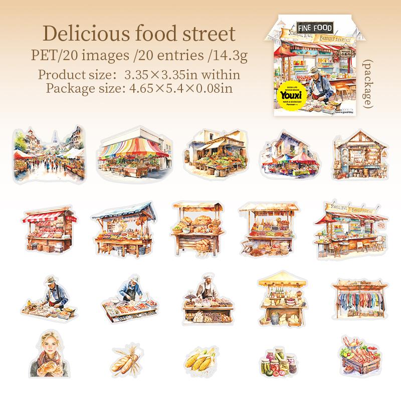 20 листов/пакет Серия «Маленький базар» Наклейки с уличными пейзажами Пейзаж Материал для коллажа для ручного учета Сделай сам Рамка для фотографий Декоративная карточка