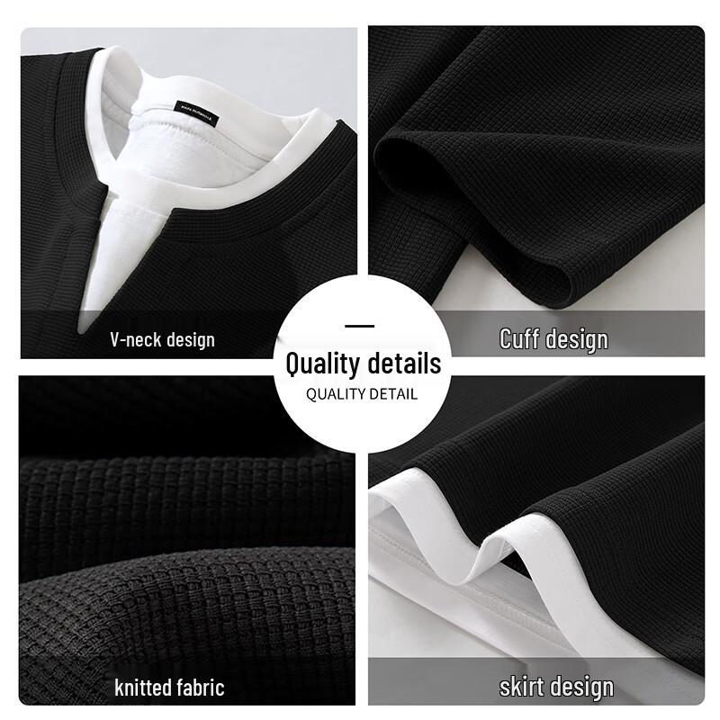 Mark Fairwhale Men's Waffle V-Neck Faux Two-Piece Long Sleeve T-Shirt