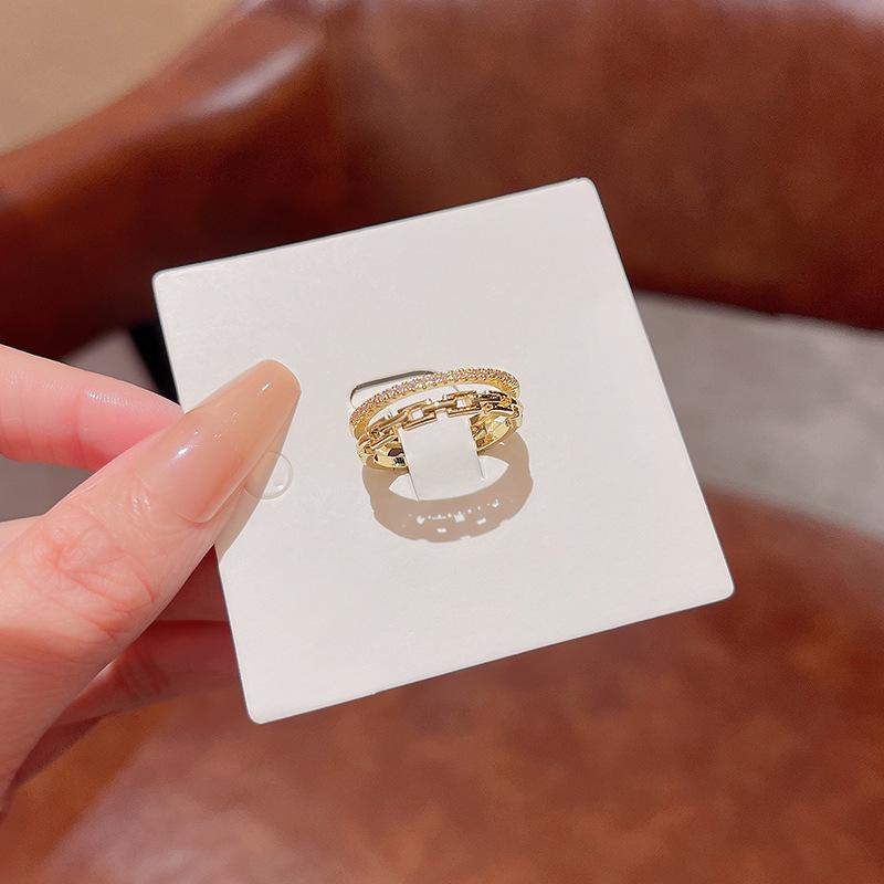 Trendy High-End Zircon Double-Layer Adjustable Open Ring for Women