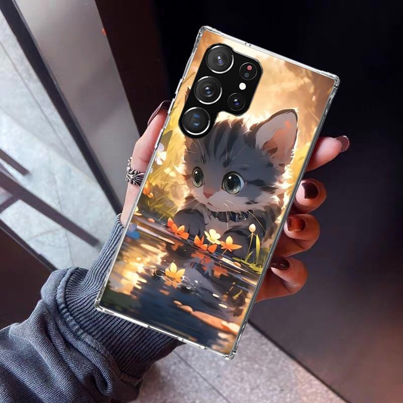 Мультяшный Милый Кот Рыба Эстетичный Чехол Для Телефона Для Samsung Galaxy S26 S25 Edge S24 S23 Ultra S22 Plus S21 S20 FE Мягкая ТПУ Задняя Крышка
