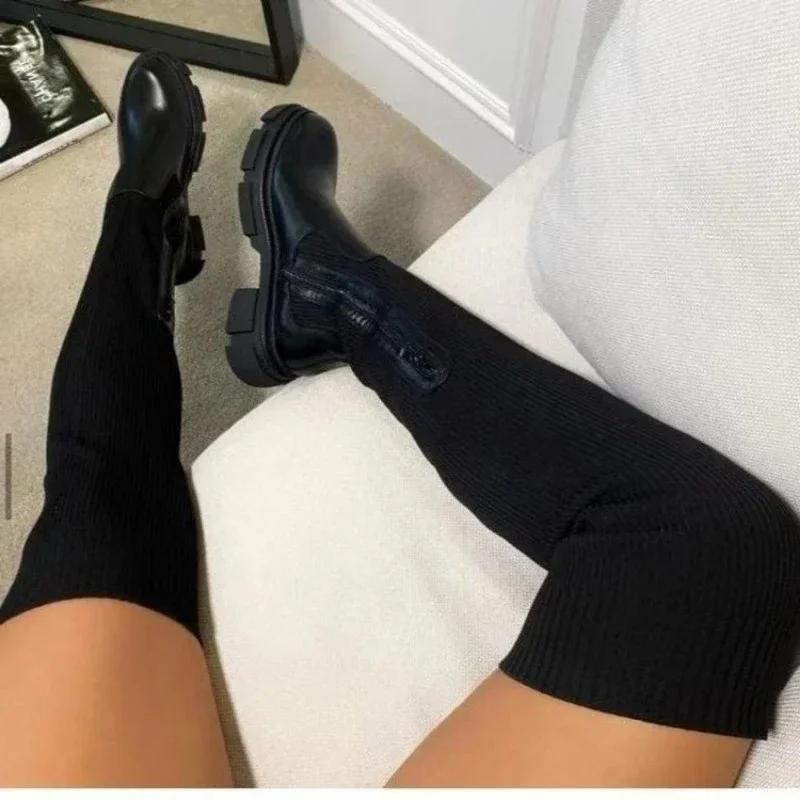 Женские сапоги выше колена Зимние эластичные вязаные сапоги Женские модные сапоги на платформе Сращивание женских носков Женские длинные сапоги