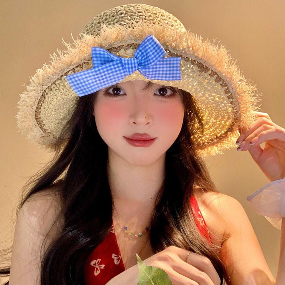 Sweet Woman's Straw Hat Elegant Lace Brim Sunshade Cap Vacation Big Bowknot Sun Hat  Girls