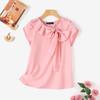 ZANZEA Women's Summer Round Neck Short Sleeves Pleated Bow Decoration Solid Color Loose Blouse