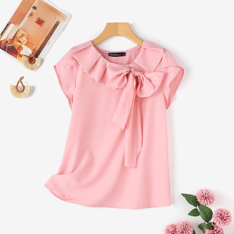 ZANZEA Women's Summer Round Neck Short Sleeves Pleated Bow Decoration Solid Color Loose Blouse