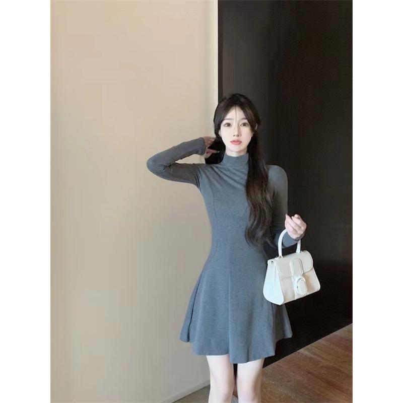 Осень Зима Высокий Воротник Однотонный Элегантный Модный Мини-платье с Завышенной Талией Женщины Длинный Рукав Все-матч Нижнее Платье Vestidos