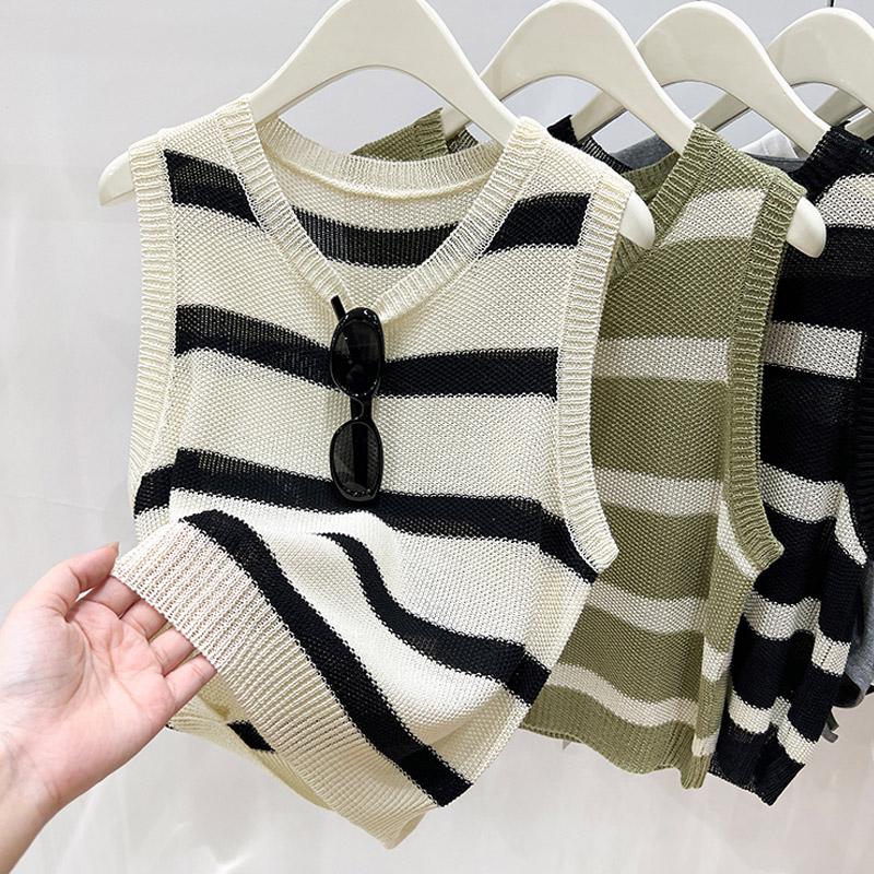 Майки женские летние 2025 года без рукавов с круглым вырезом в полоску черные трикотажные майки женские топы JJ297