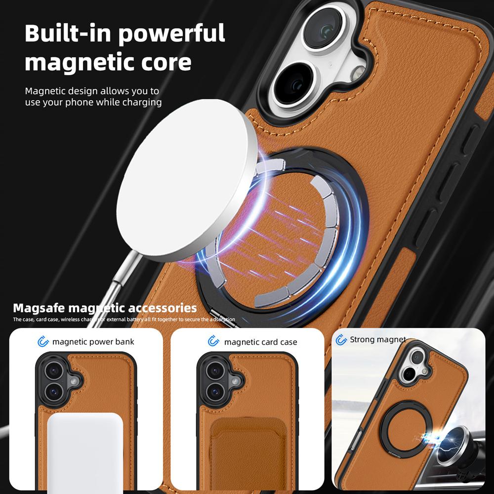 KEYSION Роскошный чехол из искусственной кожи MagSafe для iPhone 16 Plus 15 Plus с вращающимся на 360 ° магнитным кольцом-подставкой, противоударный чехол для телефона